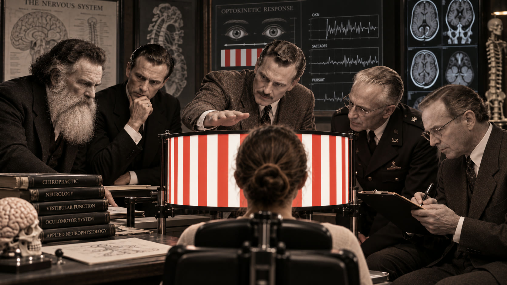 Evaluación de respuesta optocinética: paciente frente al tambor estriado con observadores tomando notas