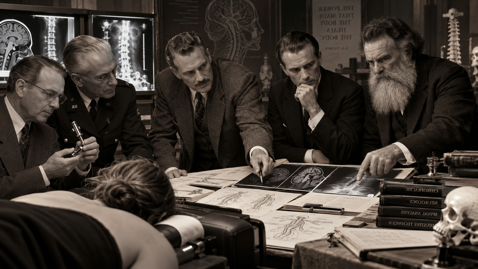 Conferencia histórica de análisis quiropráctico: doctores revisando radiografías de columna