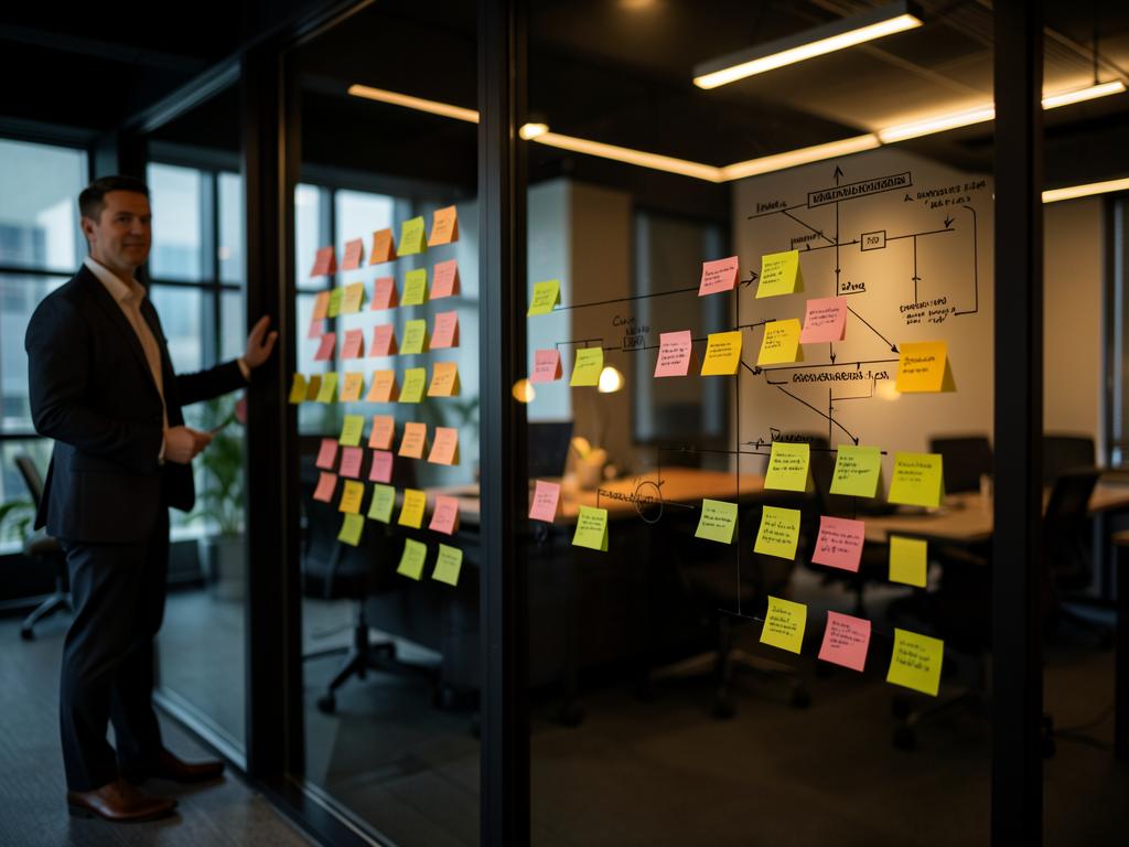 Consultor junto a un muro de frameworks y mapas de procesos corporativos