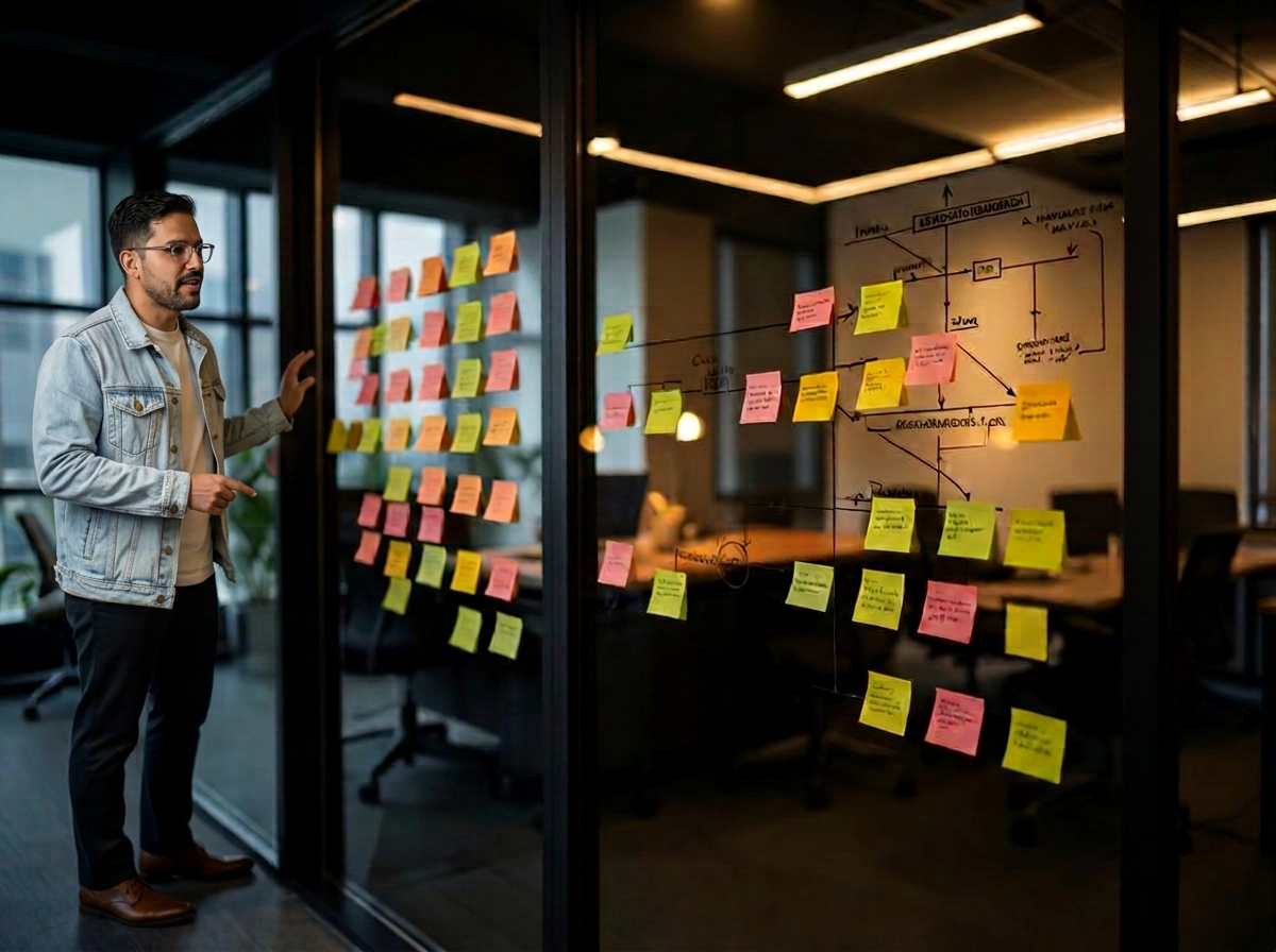 Consultor junto a un muro de frameworks y mapas de procesos corporativos