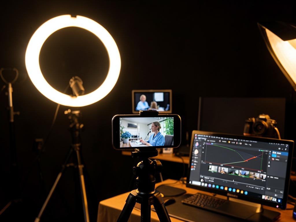 Estudio de grabación de contenido para redes sociales con aro de luz y edición