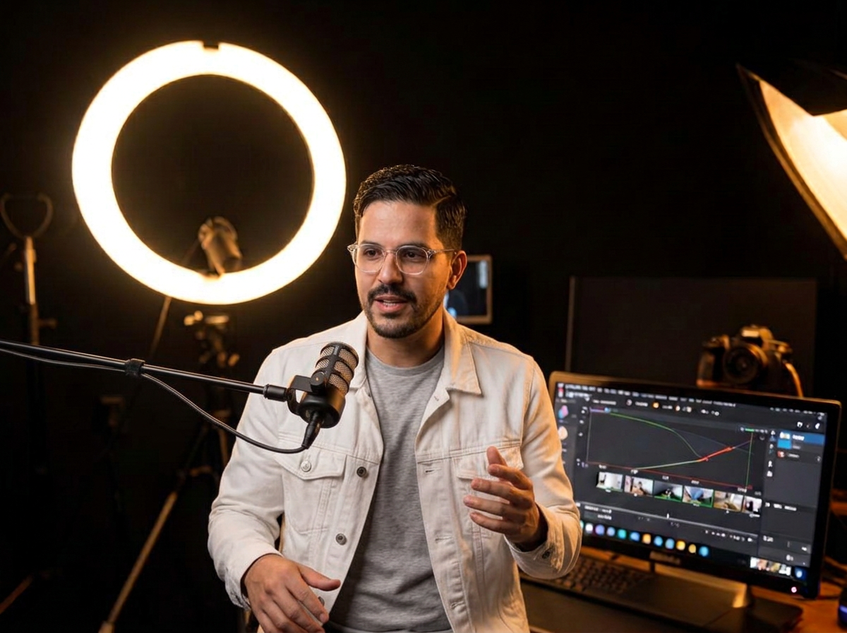 Estudio de grabación de contenido para redes sociales con aro de luz y edición